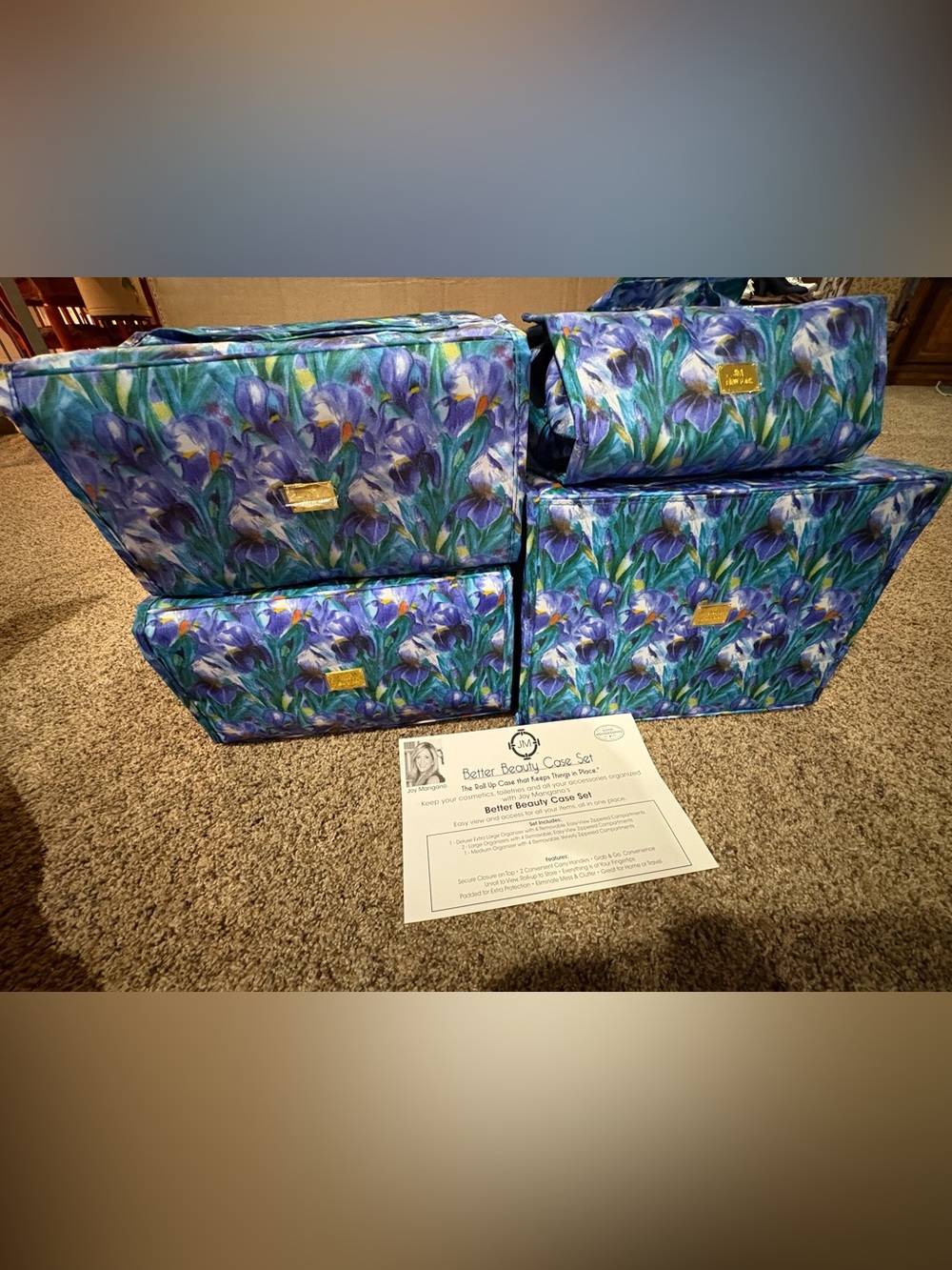 Joy Mangano Purple and Teal Floral makeup jewelry craft Organizer 4 piece Set